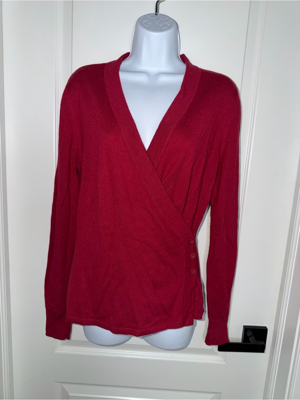 Cabi Wrap Sweater Medium Red Angora Blend Faux Wrap V Neck Button Accent